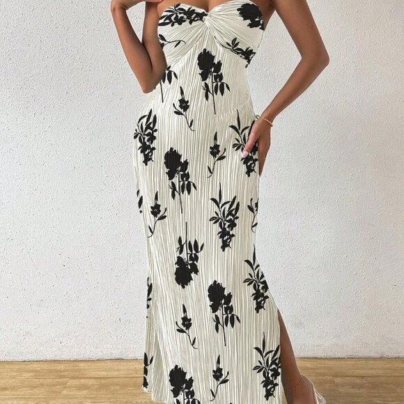 Apricot Boho Women's Tie Knot Pleat Printed Dress - Picture 4 of 6